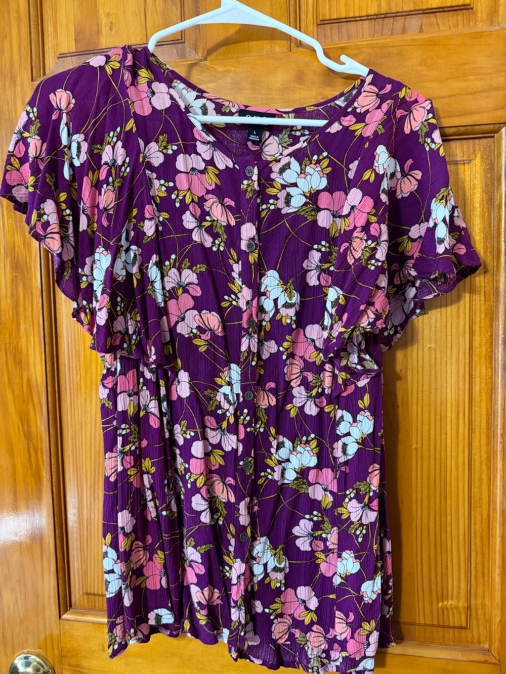 a.n.a Purple Floral Short-Sleeve Button Top